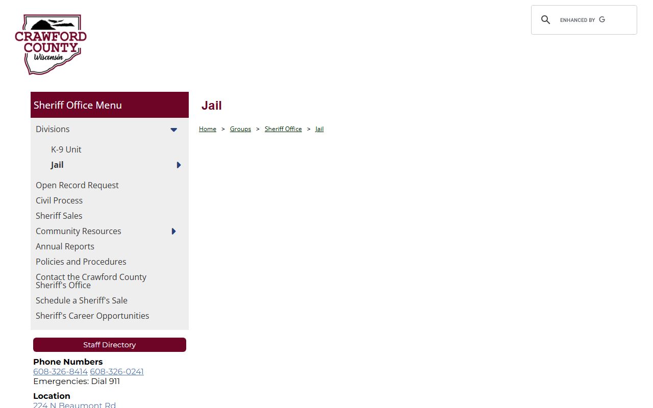 Crawford County Jail page for inmate population and jail roster access