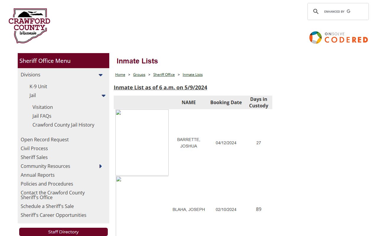 Crawford County inmate list table showing roster rows and mugshot availability