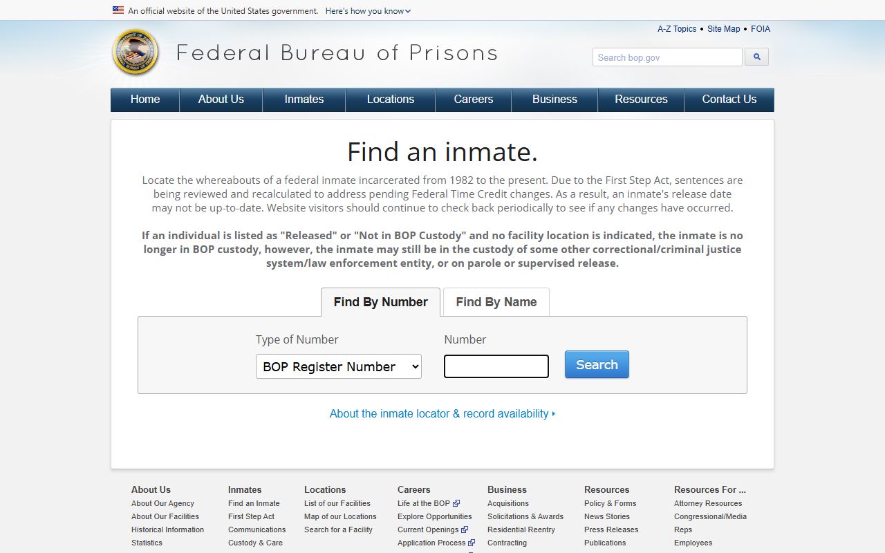 Federal BOP locator showing federal custody lookup instead of Crawford County jail mugshots