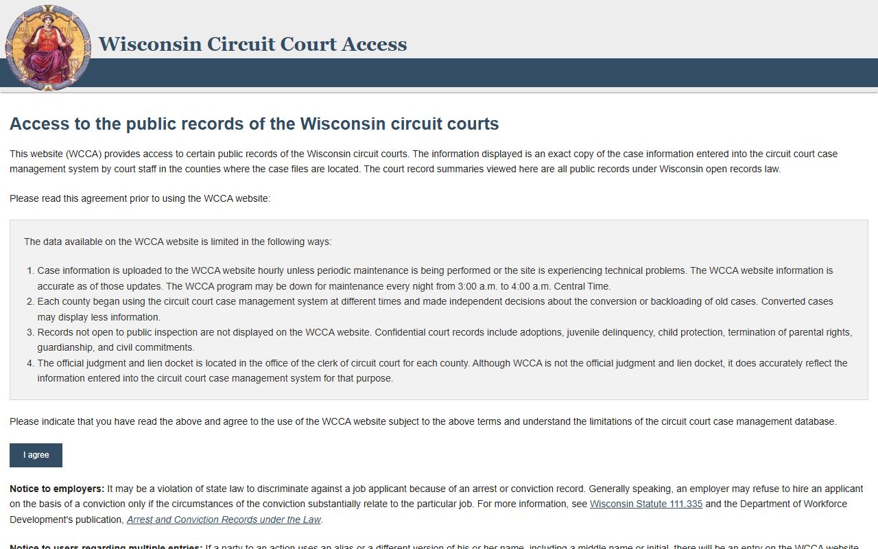 WCCA search page for Crawford County court records after jail arrest